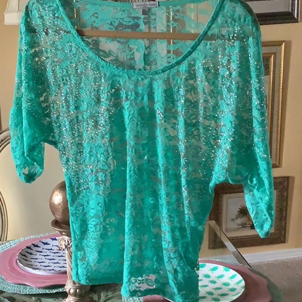 Charlotte Russe lace sexy feminine top with beads green medium. Nice cam…